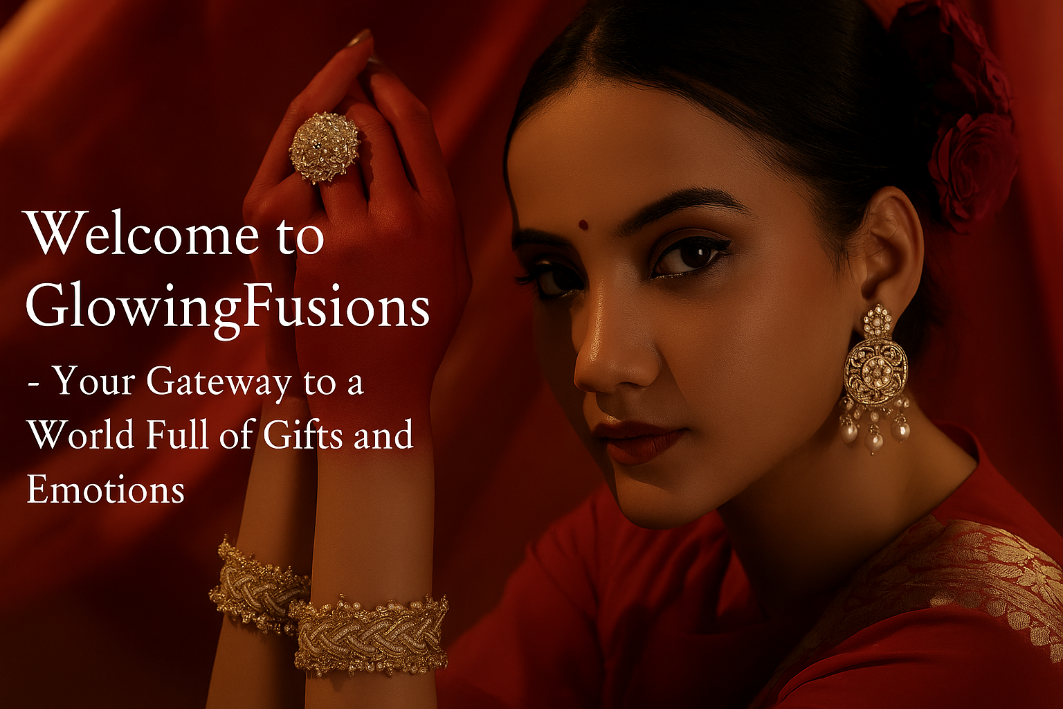 Main hero image of GlowingFusions featuring elegant earrings and premium gifting items, symbolizing style, love, and individuality.