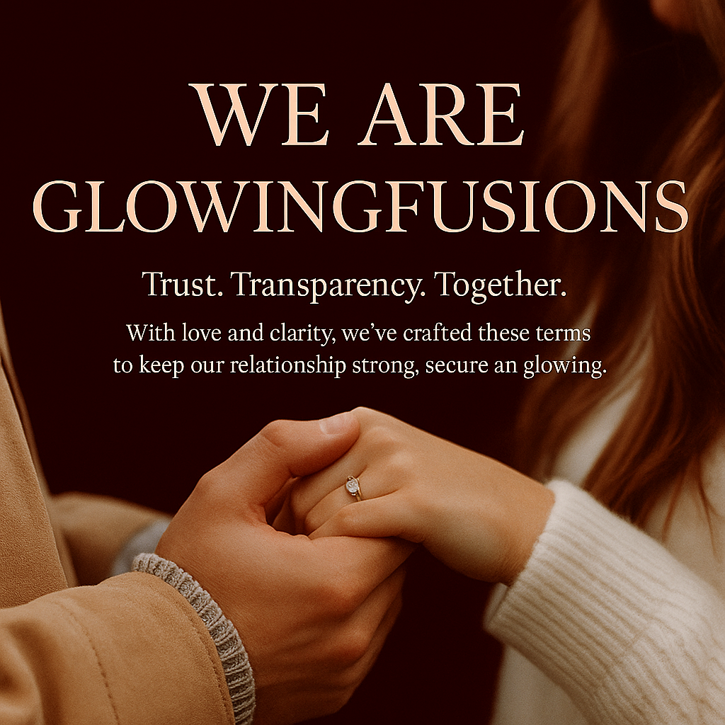 A romantic image of a man gently holding a woman’s hand, showcasing a promise ring, set against a deep burgundy background. Overlaid text reads “WE ARE GLOWINGFUSIONS — Trust. Transparency. Together. With love and clarity, we’ve crafted these terms to keep our relationship strong, secure, and glowing.” The tone is warm, emotional, and elegant.