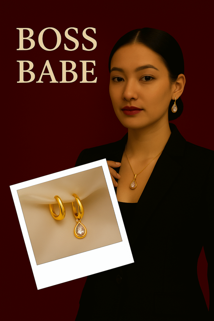 Elegant office-wear jewelry featuring minimalistic earrings and a subtle pendant—perfect for professional style