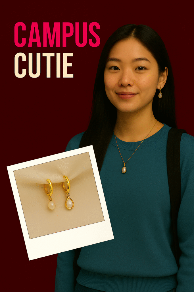 A stylish college girl walking on campus, wearing GlowingFusions' designer pearl and pink stone earrings, titled “Campus Cutie,” perfect for everyday campus wear and casual college fashion.