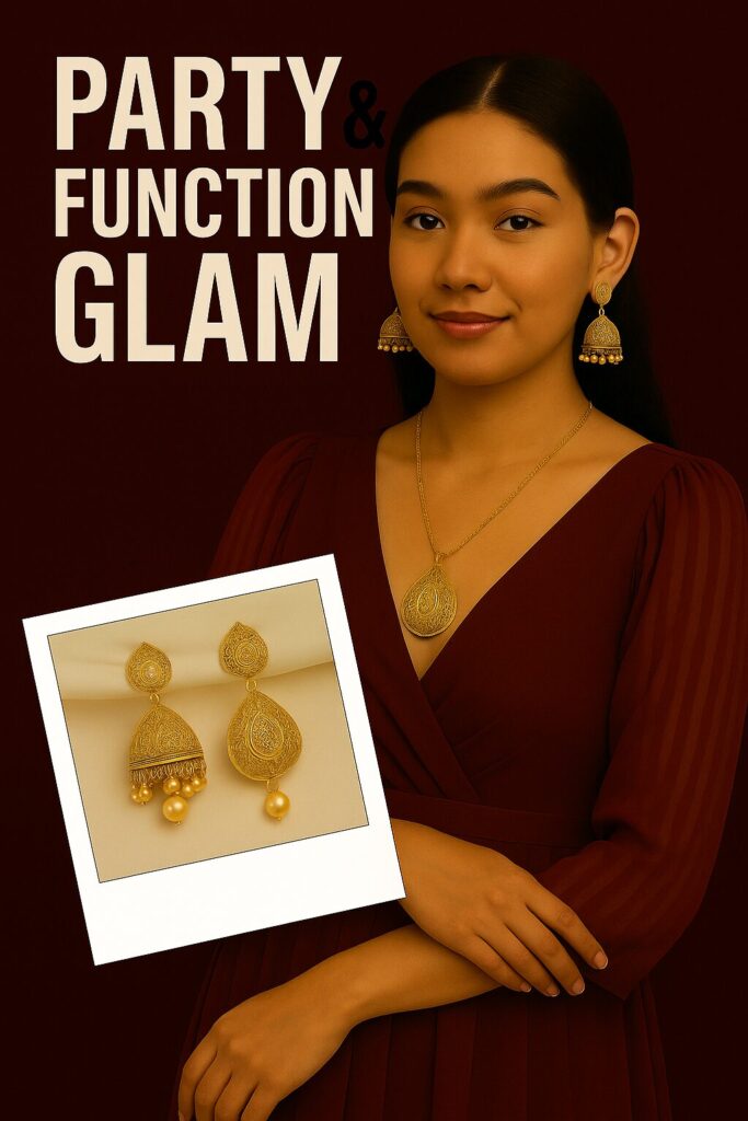 Party-ready woman wearing a traditional designer jhumka earring and statement pendant for wedding or festive occasion
