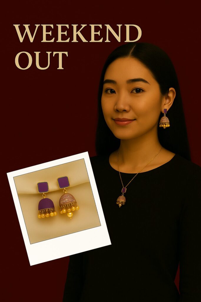 A young woman styled for daily college life, wearing GlowingFusions' minimal pearl and pink stone earrings—perfect for everyday wear with a soft and chic touch.