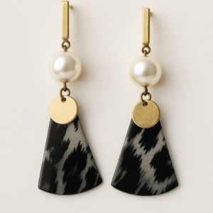 GlowingFusions black and gold fan-shaped drop earrings with pearl accent – stylish artificial jewelry for women.