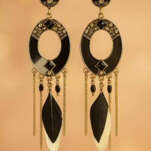Black feather dangle earrings with gold chains – GlowingFusions jewelry