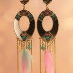 GlowingFusions boho feather dangle earrings with colorful beads, chains, and pastel feathers