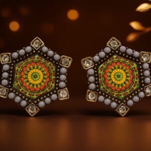 “GlowingFusions mandala stud earrings with colorful yellow-red-green center, surrounded by pearls and crystal stones.”