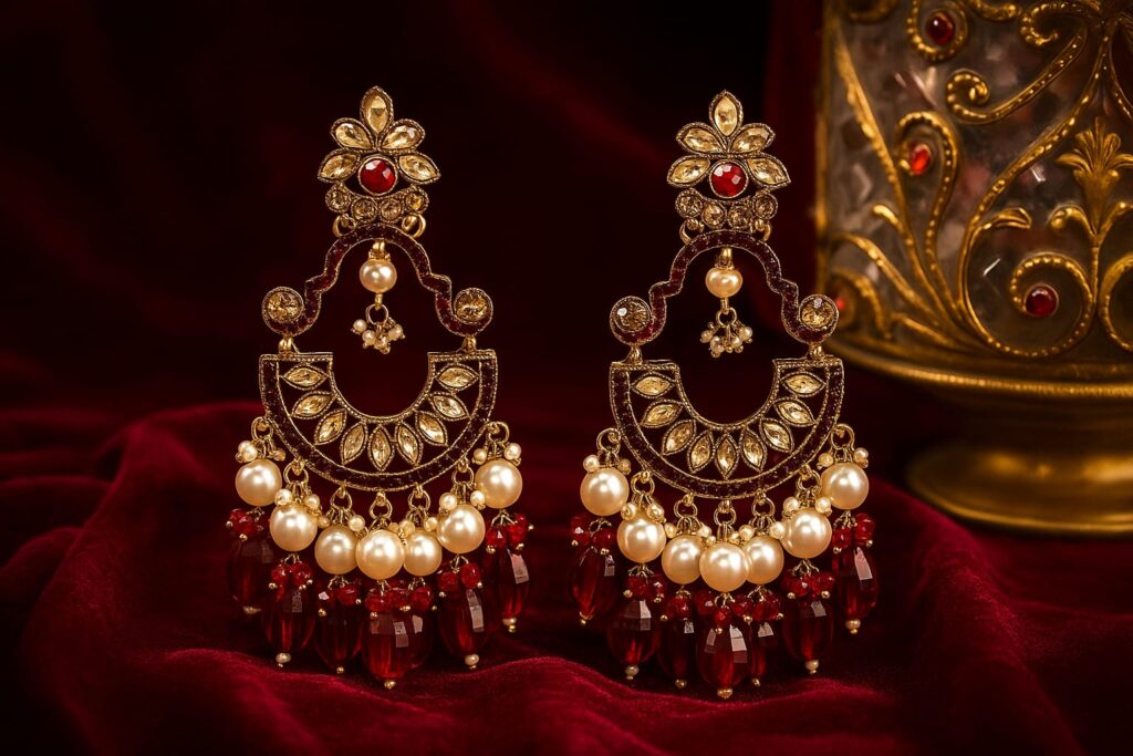 Gold-toned floral chandelier earrings with red and pearl bead drops – GlowingFusions artificial jewelry