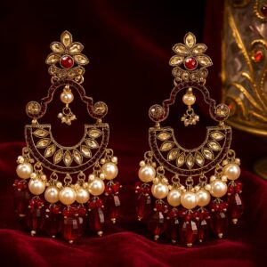 Gold-toned floral chandelier earrings with red and pearl bead drops – GlowingFusions artificial jewelry