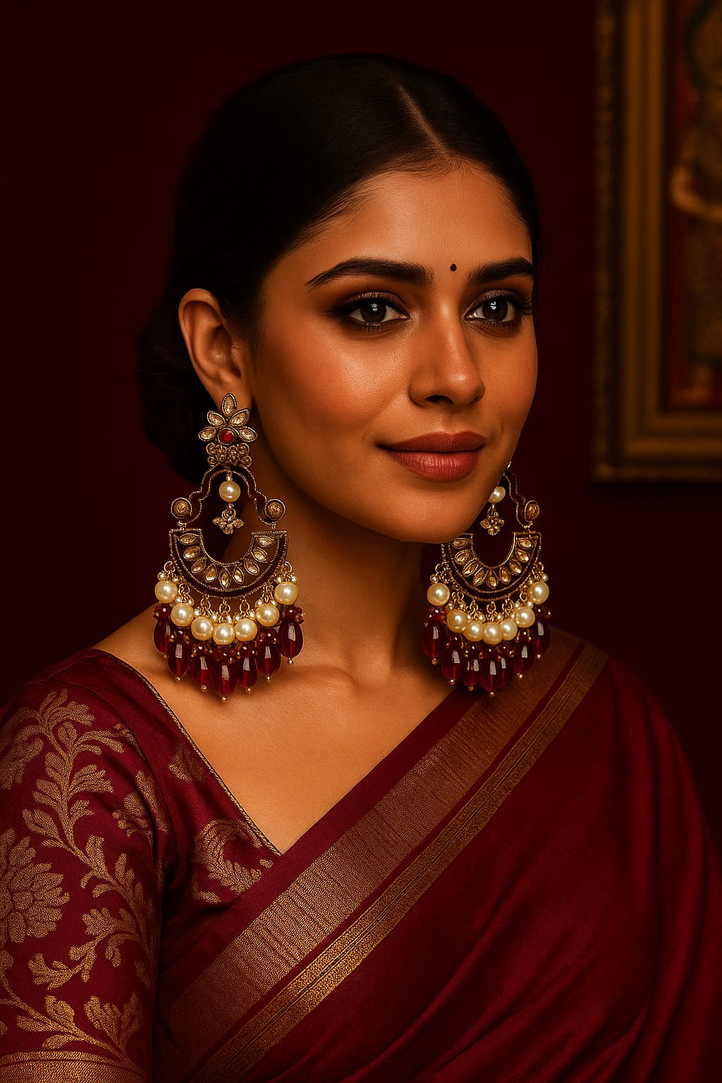 Gold-toned floral chandelier earrings with red and pearl bead drops – GlowingFusions artificial jewelry