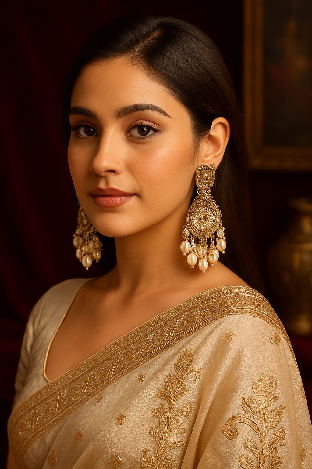 Elegant gold-toned chandelier earrings with intricate floral design and pearl drops – GlowingFusions artificial jewelry