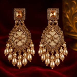 Elegant gold-toned chandelier earrings with intricate floral design and pearl drops – GlowingFusions artificial jewelry