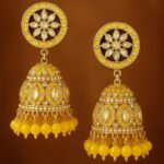 "GlowingFusions yellow enamel Kundan jhumka earrings with beaded drops for weddings and festive wear."