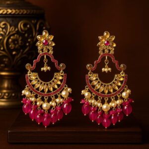 "Elegant artificial gold-toned chandelier earrings with pink beads and pearl accents – GlowingFusions premium jewelry."