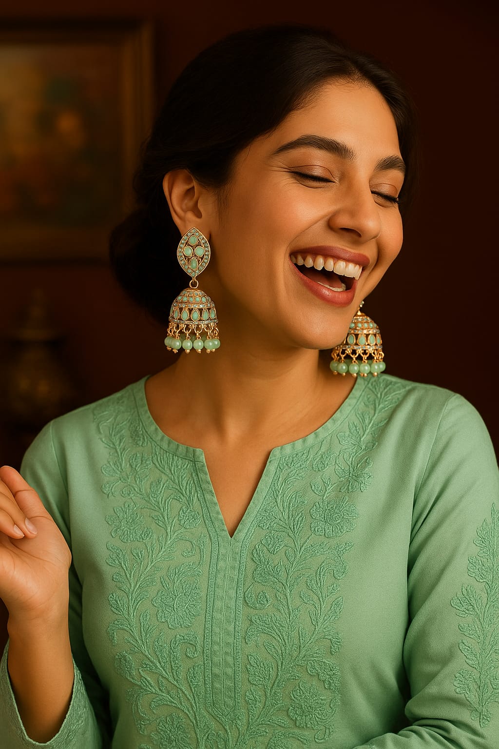 "Elegant artificial rose-gold jhumka earrings with turquoise stones and bead drops – GlowingFusions festive jewelry."