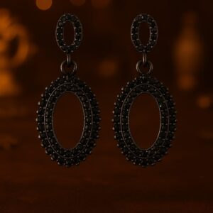 Artificial black oval drop earrings with textured stone detailing