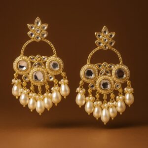 Gold-toned chandelier earrings with mirror work and pearl drops – GlowingFusions artificial jewelry