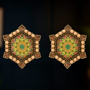 Exclusive hexagon mandala earrings with multicolor design and pearl accents – stylish affordable jewelry by GlowingFusions