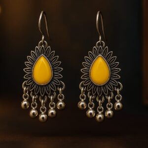 Elegant artificial yellow drop dangle earrings with silver floral design and hanging beads – GlowingFusions