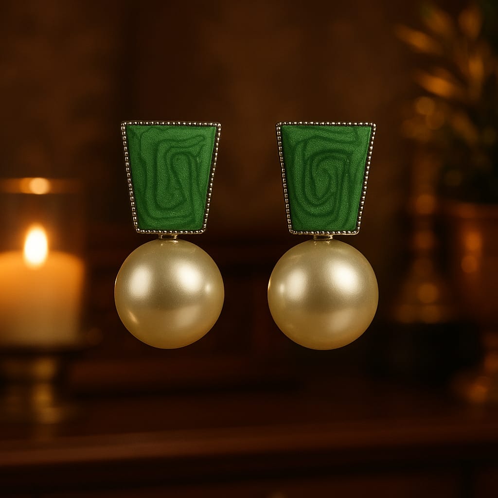 Green stone and pearl drop earrings – premium affordable jewelry by GlowingFusions