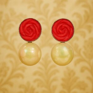 Artificial red rose pearl drop earrings with floral design and pearl charm – GlowingFusions