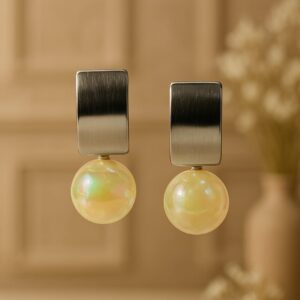 Elegant artificial pearl drop earrings with modern silver rectangular top – GlowingFusions